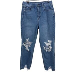 American Eagle Mom Jeans Womens 8 Blue High Rise Distressed Raw Hem Tapered